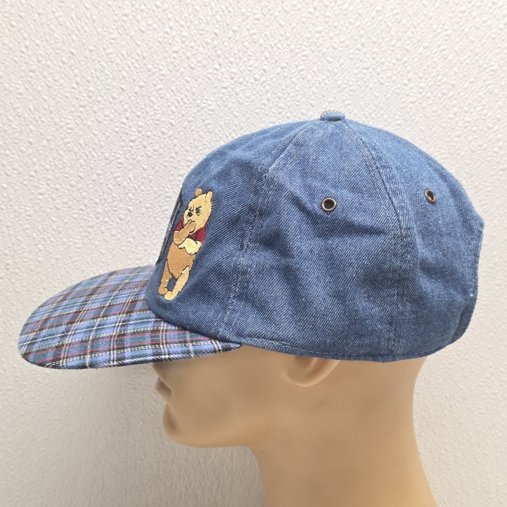 Vintage Disney Embroidered Winnie The Pooh Hat Elastic Band Blue Plaid Denim - Picture 6 of 13